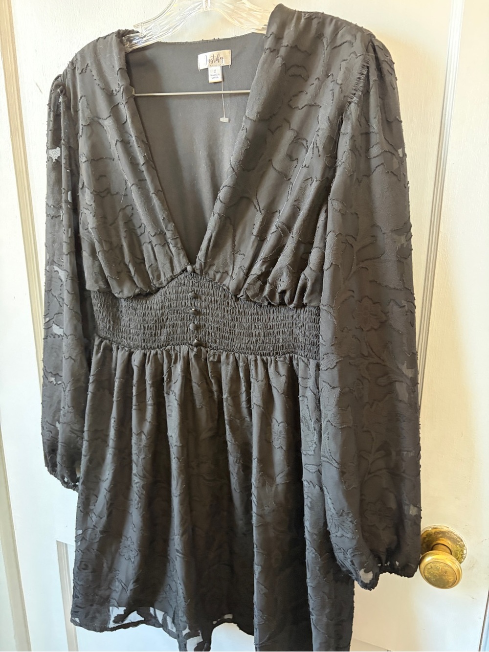 Justify BlackTextured V-Neck Smocked-Waist Dress 2/15